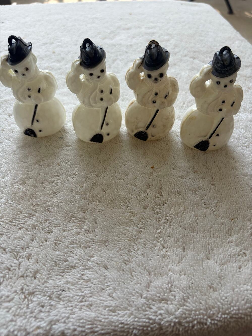 Vintage Rosen Christmas Hard Plastic 3”Snowman Ornament w/Black Hat-Lot of 4